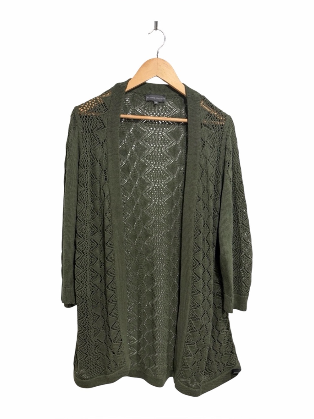 Classic Editions Long Open-Front Olive Green Crochet Cardigan Sweater Large